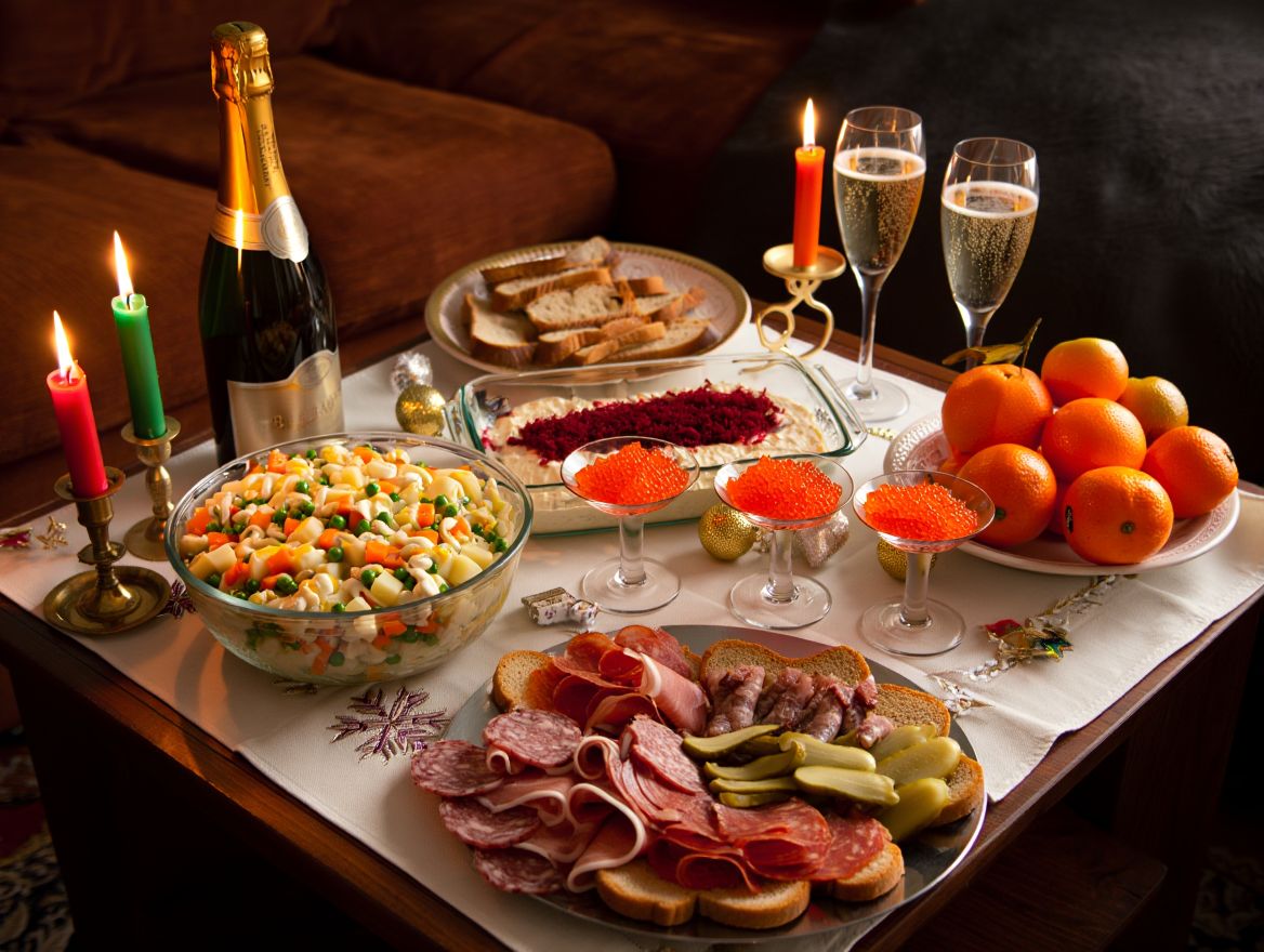 Стол с новогодними блюдами